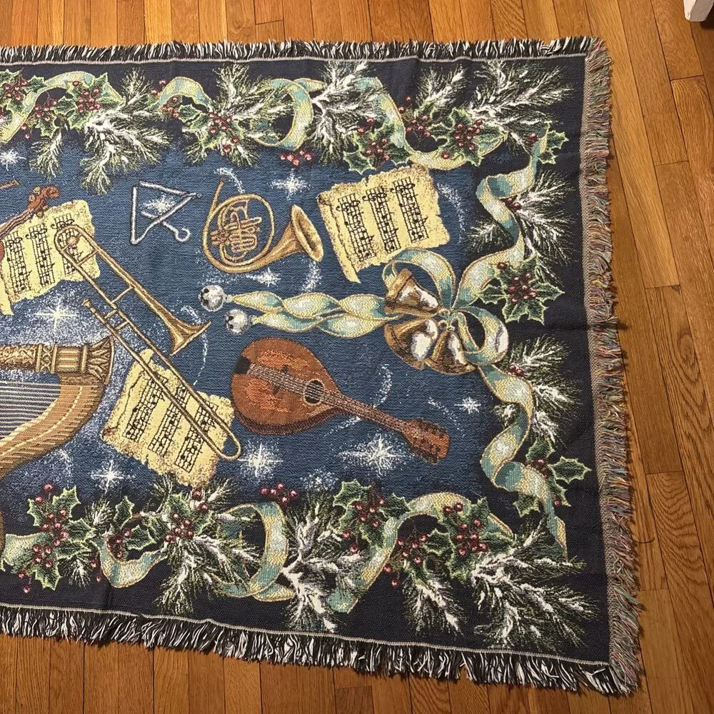 Vintage Crown Crafts VTG 44” X 64” Musical Christmas Needlepoint Fringed Blanket